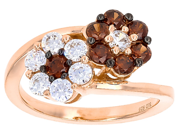 Mocha and White Cubic Zirconia 18k Rose Gold Over Sterling Silver Flower Ring 1.90ctw