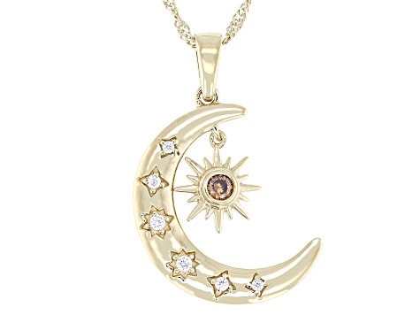 White and Brown Cubic Zirconia 18k Yellow Gold Over Sterling Silver Moon and Star Pendant 0.30ctw