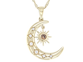 White and Brown Cubic Zirconia 18k Yellow Gold Over Sterling Silver Moon and Star Pendant 0.30ctw