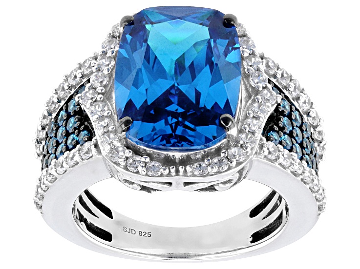 Blue and White Cubic Zirconia Rhodium Over Sterling Silver Ring 11.00ctw