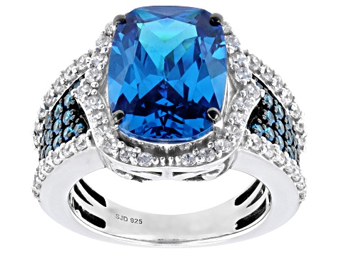 Blue and White Cubic Zirconia Rhodium Over Sterling Silver Ring 11.00ctw