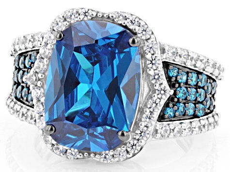 Blue and White Cubic Zirconia Rhodium Over Sterling Silver Ring 11.00ctw