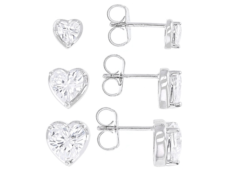 White Cubic Zirconia Rhodium Over Sterling Silver Heart Stud Earring Set of 3 7.11ctw