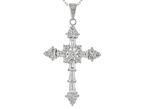 White Cubic Zirconia Rhodium Over Sterling Silver Cross Pendant With Chain 2.95ctw (1.49ctw DEW)