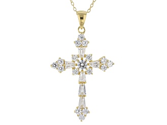 White Cubic Zirconia 18k Yellow Gold Over Silver Cross Pendant With Chain 2.95ctw (1.49ctw DEW)