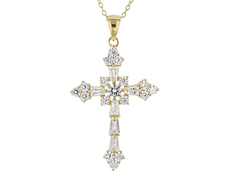 White Cubic Zirconia 18k Yellow Gold Over Silver Cross Pendant With Chain 2.95ctw (1.49ctw DEW)