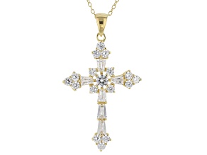 White Cubic Zirconia 18k Yellow Gold Over Silver Cross Pendant With Chain 2.95ctw (1.49ctw DEW)