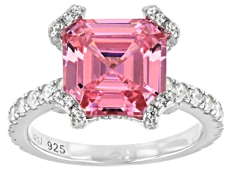 Asscher Cut Pink And White Cubic Zirconia Rhodium Over Sterling Silver Ring 10.33ctw