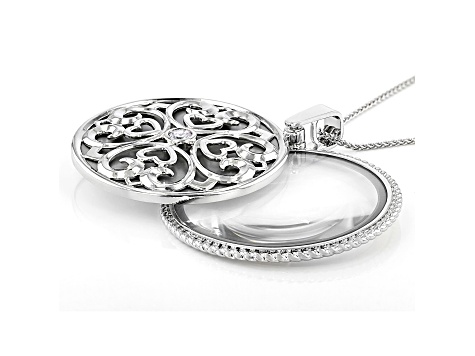 White Cubic Zirconia And Magnifying Glass Rhodium Over Brass Magnifying Lens Necklace 0.81ctw