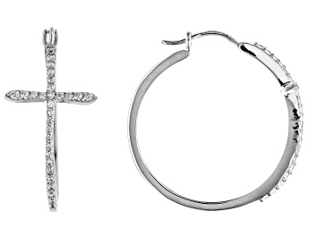 Picture of White Cubic Zirconia Rhodium Over Sterling Silver Cross Hoop Earrings 1.20ctw
