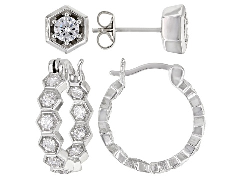 White Cubic Zirconia Rhodium Over Sterling Silver Hoop And Stud Earring Set 2.10ctw
