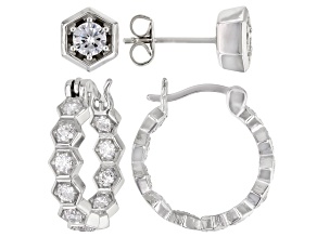 White Cubic Zirconia Rhodium Over Sterling Silver Hoop And Stud Earring Set 2.10ctw