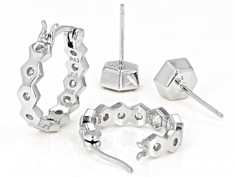 White Cubic Zirconia Rhodium Over Sterling Silver Hoop And Stud Earring Set 2.10ctw