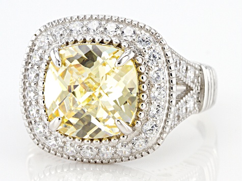 Yellow and White Cubic Zirconia  Rhodium over Silver Ring. 8.98ctw