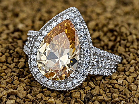 Champagne and White Cubic Zirconia Rhodium Over Silver Ring. 4.17ctw (3.35ctw DEW)