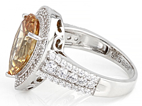 Champagne and White Cubic Zirconia Rhodium Over Silver Ring. 4.17ctw (3.35ctw DEW)