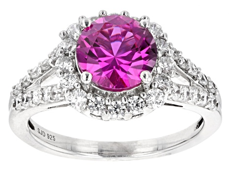 Lab Created Pink Sapphire And White Cubic Zirconia Rhodium Over Sterling Silver Ring 3.47ctw