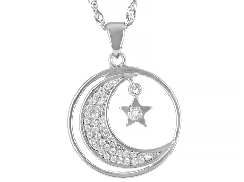 White Cubic Zirconia Rhodium Over Sterling Silver Celestial Pendant With Chain 0.35ctw
