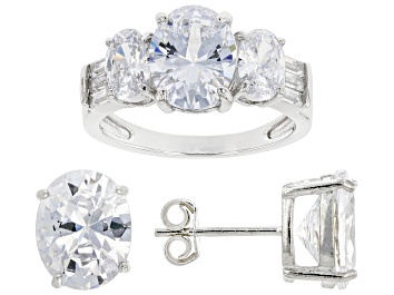 Picture of White Cubic Zirconia Rhodium Over Sterling Silver Ring And Earring Set 13.02ctw