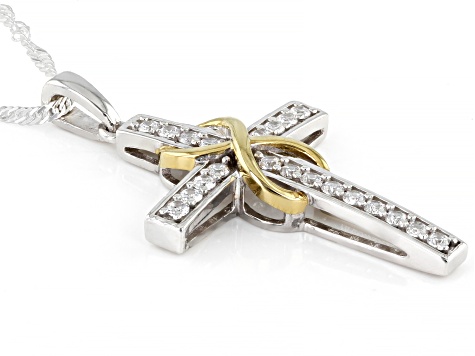 White Cubic Zirconia Rhodium And 18K Yellow Gold Over Silver Cross Pendant With Chain 0.85ctw