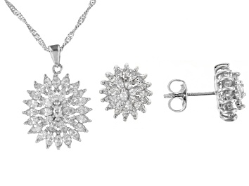 Picture of White Cubic Zirconia Rhodium Over Sterling Silver Earrings and Pendant With Chain and Earrings Set.