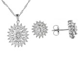 White Cubic Zirconia Rhodium Over Sterling Silver Earrings and Pendant With Chain and Earrings Set.