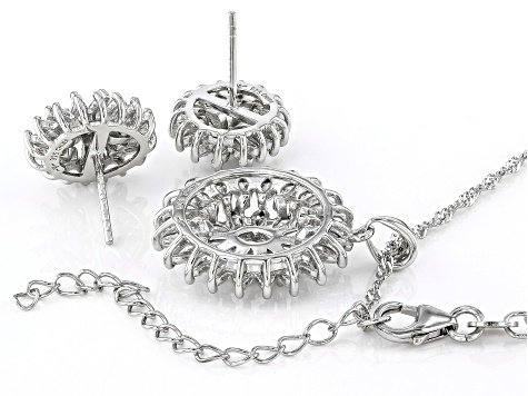 White Cubic Zirconia Rhodium Over Sterling Silver Earrings and Pendant With Chain and Earrings Set.
