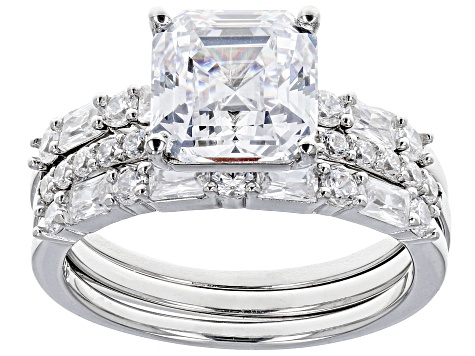 Asscher Cut White Cubic Zirconia Platinum Over Silver Ring With Bands Set (2.84ctw DEW)
