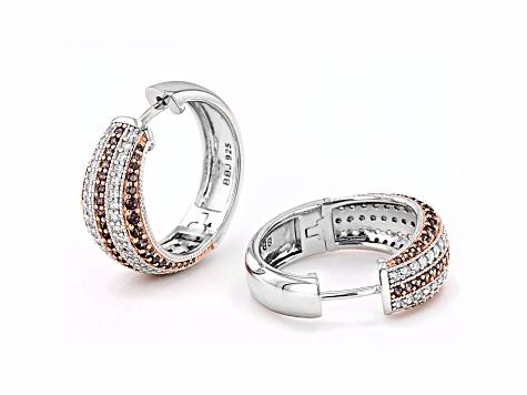 Mocha and White Cubic Zirconia Rhodium Over Sterling Silver Huggie Earrings 2.96ctw