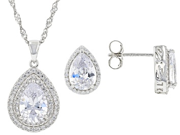 Picture of White Cubic Zirconia Rhodium Over Silver Pendant With Chain and Earrings Set