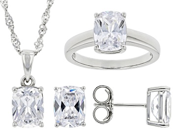 Picture of White Cubic Zirconia Platinum Over Sterling Silver Ring, Earrings, and Pendant With Chain Set
