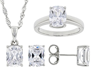 White Cubic Zirconia Platinum Over Sterling Silver Ring, Earrings, and Pendant With Chain Set