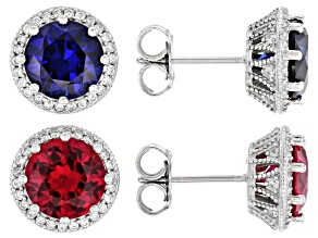 Lab Created Ruby With Lab Sapphire & Cubic Zirconia Rhodium Over Silver Earrings Set