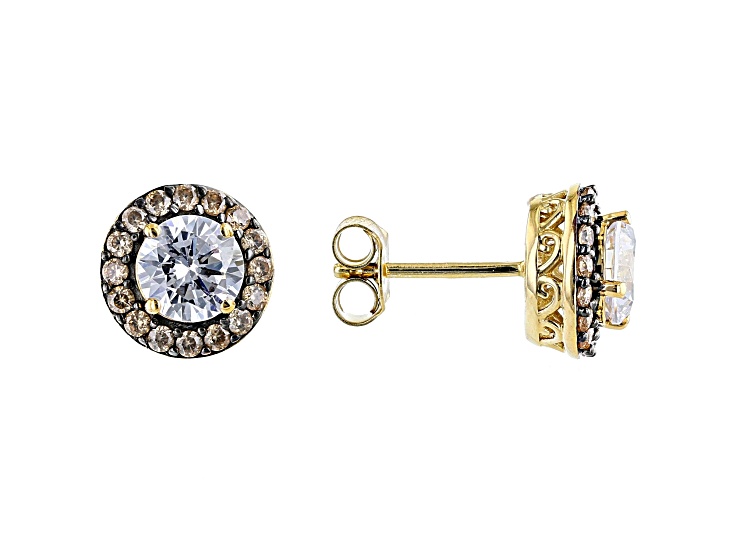 Champagne And White Cubic Zirconia 18k Yellow Gold Over Sterling Silver  Studs 3.86ctw