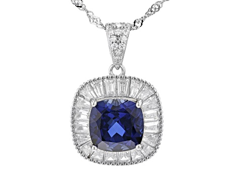 Blue Lab Sapphire and White Cubic Zirconia Rhodium Over Silver Pendant With Chain 4.09ctw