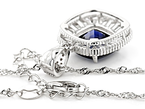 Blue Lab Sapphire and White Cubic Zirconia Rhodium Over Silver Pendant With Chain 4.09ctw