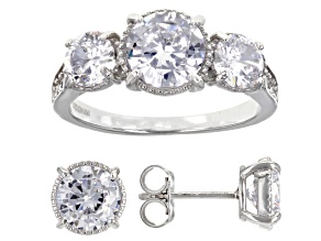 White Cubic Zirconia Rhodium Over Silver Ring and Earrings Set 7.36ctw