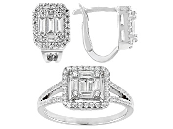 Picture of White Cubic Zirconia Platinum Over Sterling Silver Ring And Earring Set 2.45ctw