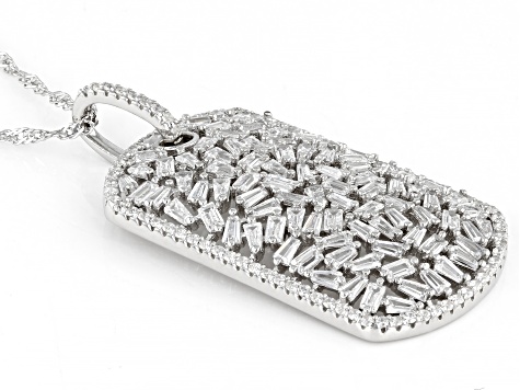White Cubic Zirconia Rhodium Over Silver Dog Tag Pendant with Chain 5.25ctw