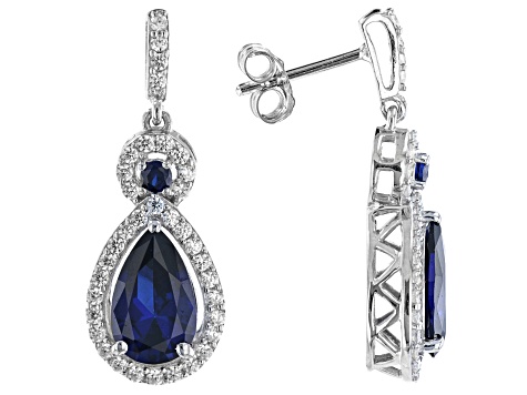 Lab Created Blue Sapphire And White Cubic Zirconia Platinum Over Sterling Silver Earrings 4.37ctw