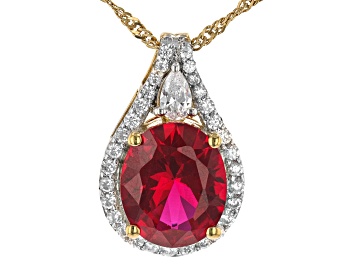 Picture of Lab Created Ruby And White Diamond Simulants 18k Yellow Gold Over Silver Pendant With Chain 6.03ctw