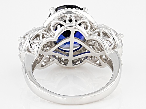 Lab Created Blue Sapphire And White Cubic Zirconia Platinum Over Sterling Silver Ring 12.07ctw