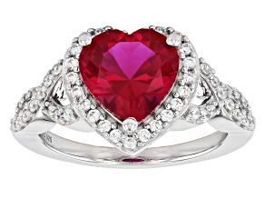 Lab Created Ruby And White Cubic Zirconia Platinum Over Sterling Silver Heart Ring 3.75ctw