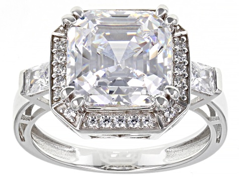 White Cubic Zirconia Platinum Over Sterling Silver Asscher Cut Ring 6.79ctw