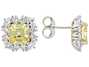 Canary And White Cubic Zirconia Rhodium Over Sterling Silver Asscher Cut Earrings 11.05ctw