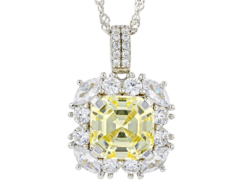 Canary And White Cubic Zirconia Rhodium Over Sterling Silver Asscher Cut Pendant 11.88ctw