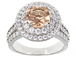 Morganite Simulant And White Cubic Zirconia Rhodium Over Sterling Silver Ring 4.57ctw