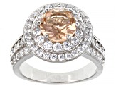 Morganite Simulant And White Cubic Zirconia Rhodium Over Sterling Silver Ring 4.57ctw