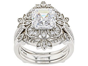 White Cubic Zirconia Platinum Over Silver Asscher Cut Ring With Guard 4.65ctw