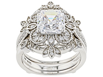 Picture of White Cubic Zirconia Platinum Over Silver Asscher Cut Ring With Guard 4.65ctw